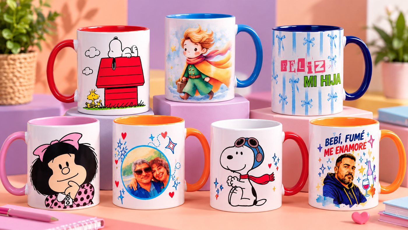 Tazones blancos personalizados con asa y fondo de color