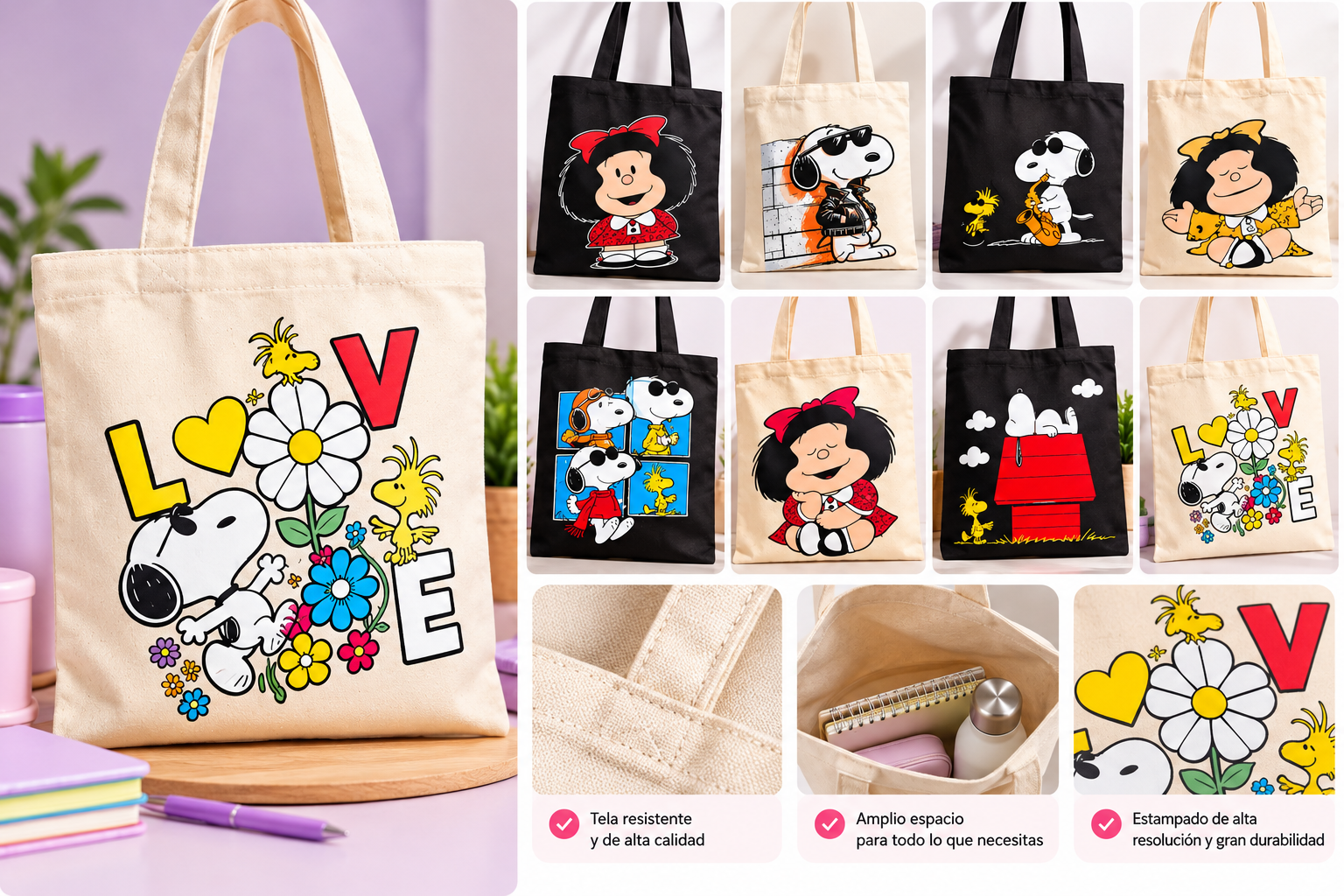 Catálogo de tote bags personalizadas en distintos colores y diseños